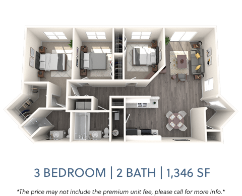Floor plan for 3 beds, 2 baths, 1346 sqft